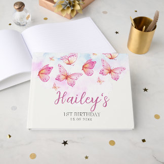 Elegant Watercolor Butterfly Girl 1st Birthday Guest Book