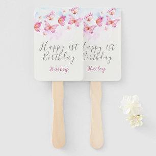 Elegant Watercolor Butterfly Girl 1st Birthday Hand Fan