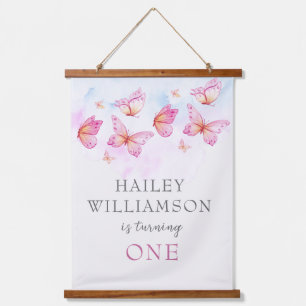 Elegant Watercolor Butterfly Girl 1st Birthday Hanging Tapestry