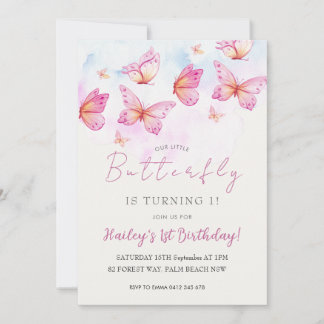 Elegant Watercolor Butterfly Girl 1st Birthday Invitation