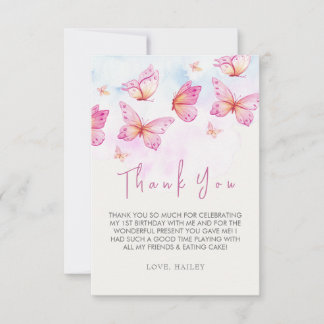 Elegant Watercolor Butterfly Girl 1st Birthday Thank You Card