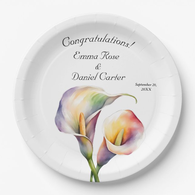 Elegant Watercolor Calla Lilies Romantic Floral Paper Plate (Front)