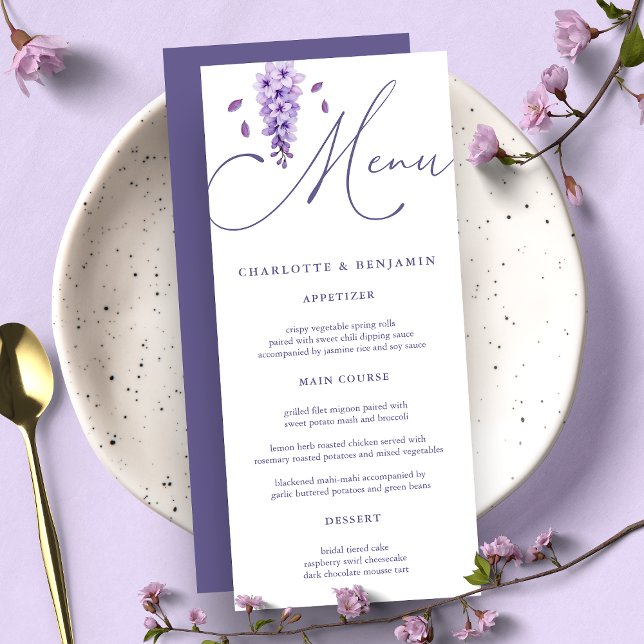 Elegant Watercolor Calligraphy Wisteria Wedding Menu (Creator Uploaded)