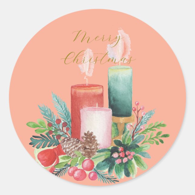 Elegant Watercolor Candlelight Christmas Card Classic Round Sticker (Front)