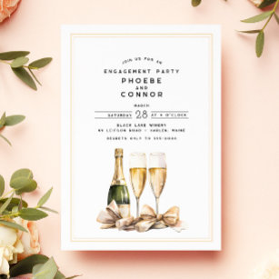 Elegant Watercolor Champagne Bow Engagement Party Invitation