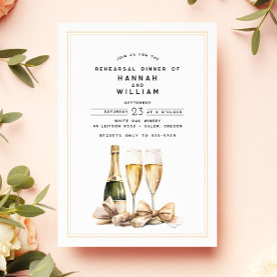 Elegant Watercolor Champagne Bow Rehearsal Dinner Invitation