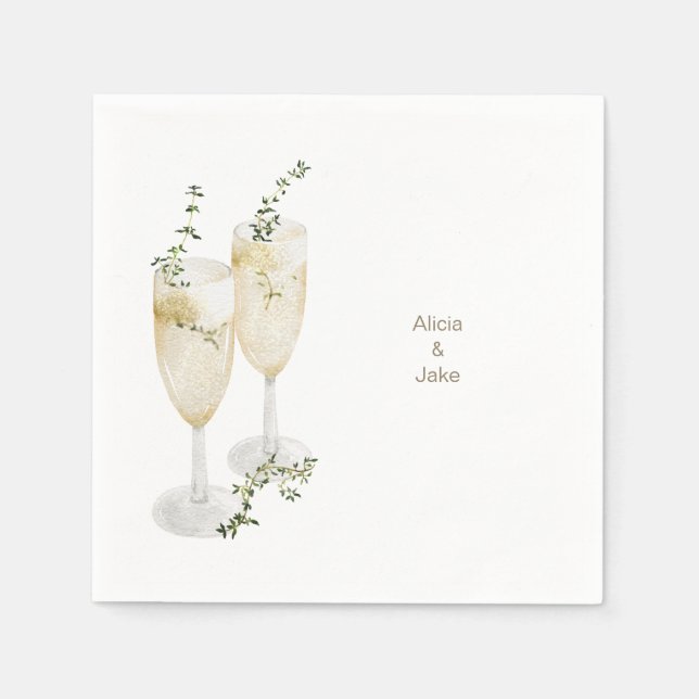 Elegant Watercolor Champagne Glasses Cocktail Napkin (Front)