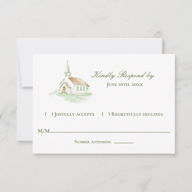Elegant Watercolor Chapel Wedding  RSVP Card (Front)