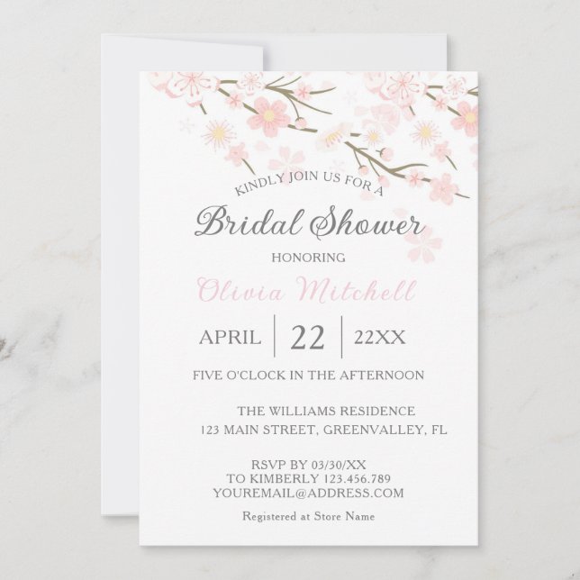 Elegant  Watercolor Cherry Blossom Bridal Shower Invitation (Front)