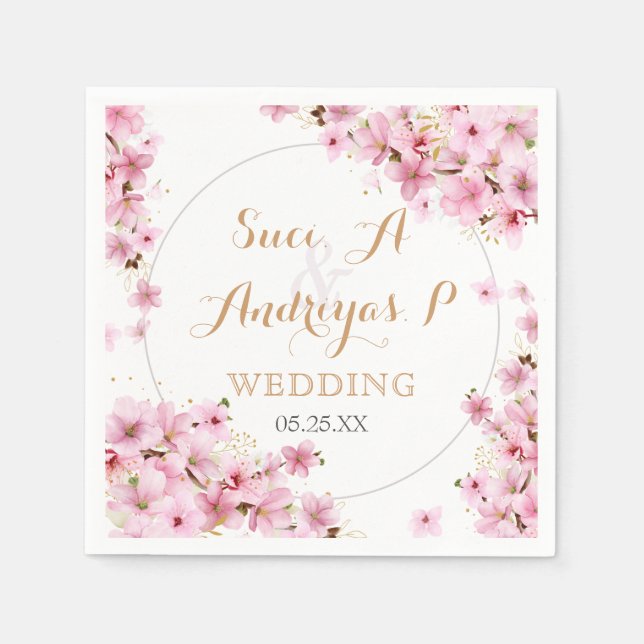 Elegant Watercolor Cherry Blossom Spring Wedding Napkin (Front)