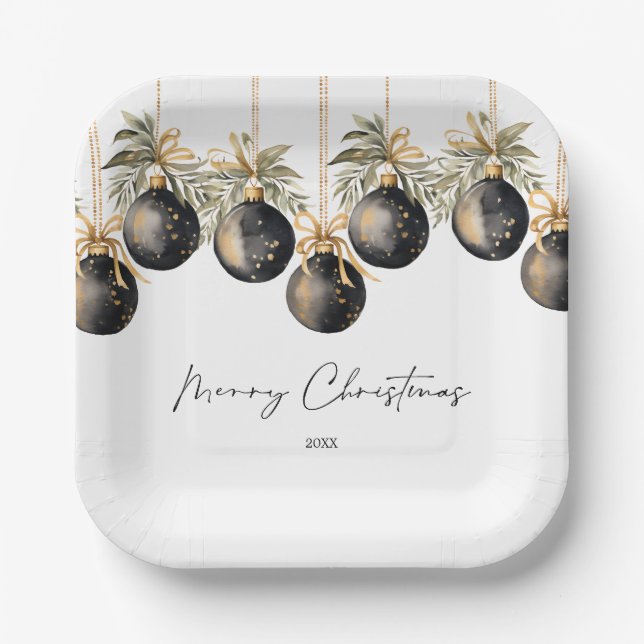 Elegant Watercolor Christmas Baubles Holiday Party Paper Plate (Front)