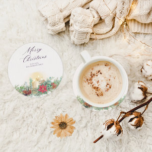 Elegant Watercolor Christmas Candle & Poinsettia Square Paper Coaster