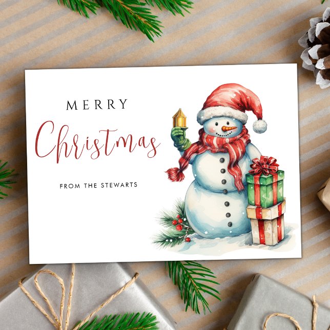 Elegant Watercolor Christmas Cute Snowman Holiday Card (Creator Uploaded)