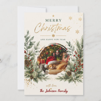 Elegant Watercolor Christmas Greenery Red Berries Holiday Card