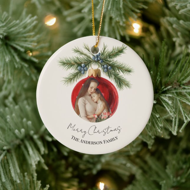 Elegant Watercolor Christmas Ornament Family Photo (Tree)
