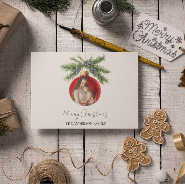 Elegant Watercolor Christmas Ornament Family Photo Holiday Card (Creator Uploaded)
