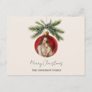Elegant Watercolor Christmas Ornament Family Photo Holiday Postcard