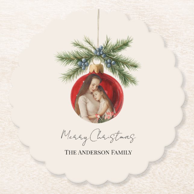 Elegant Watercolor Christmas Ornament Family Photo Paper Coaster (Front)