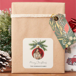 Elegant Watercolor Christmas Ornament Family Photo Square Sticker