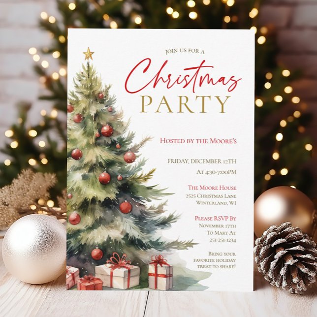 Elegant Watercolor Christmas Party Invitation (An elegant, watercolor Christmas Party Invitation. )