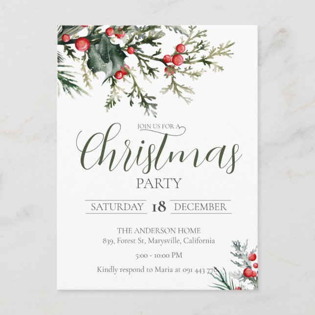 Elegant Watercolor Christmas Party Invitation Postcard (Front)