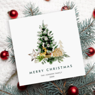 Elegant Watercolor Christmas Pine Tree Greeting Holiday Card
