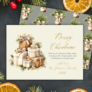 Elegant Watercolor Christmas Presents Gold Script Holiday Card