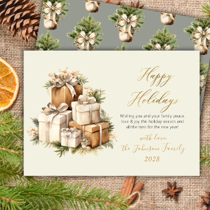 Elegant Watercolor Christmas Presents Gold Script Holiday Card