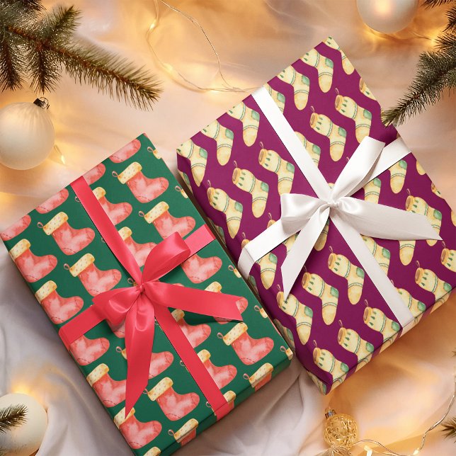 Elegant Watercolor Christmas Stocking Wrapping Paper Sheet (Creator Uploaded)
