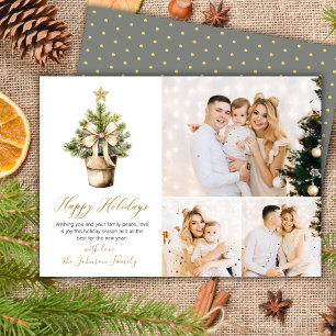 Elegant Watercolor Christmas Tree 3 Photo Collage Holiday Card