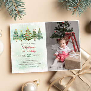 Elegant Watercolor Christmas Tree Birthday Party Invitation