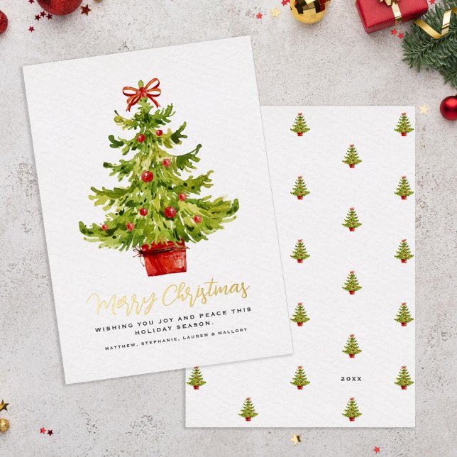Elegant Watercolor Christmas Tree Gold Script (Elegant Watercolor Christmas Tree Gold Script Foil Holiday Card Front & Back)