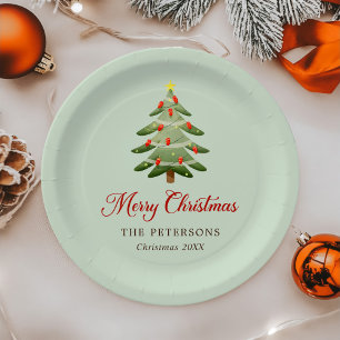 Elegant Watercolor Christmas Tree Holiday Party Paper Plate