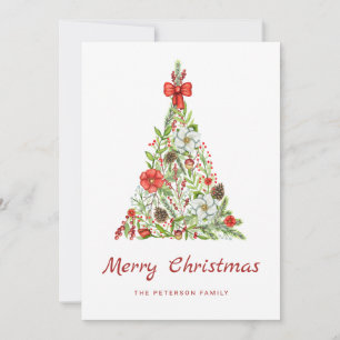 Elegant Watercolor Christmas Tree   Holly Berry Holiday Card