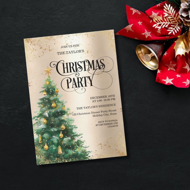 Elegant Watercolor Christmas Tree Invitation (Elegant watercolor Christmas tree invitation featuring a hand-painted tree with gold background)