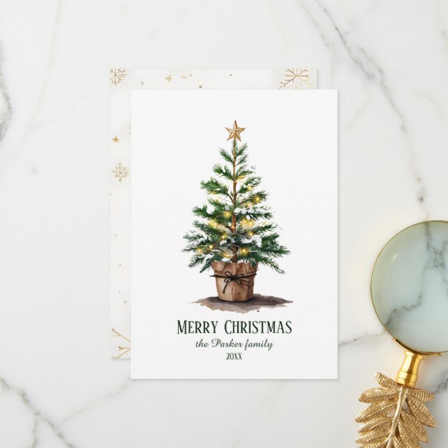 Elegant Watercolor Christmas Tree Non-Photo Thank You Card (Front/Back In Situ)