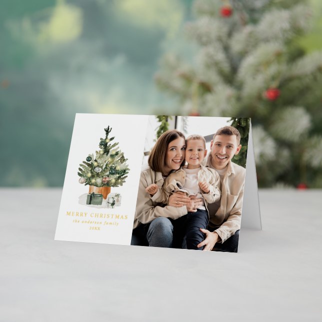 Elegant Watercolor Christmas Tree Photo Foil Holiday Card (Holiday In Situ)