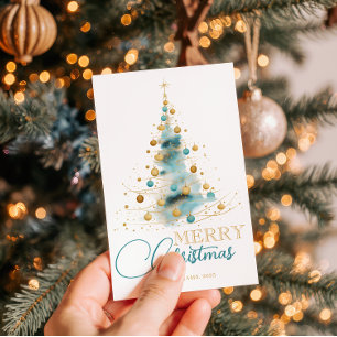 Elegant Watercolor Christmas Tree Photo Holiday Card
