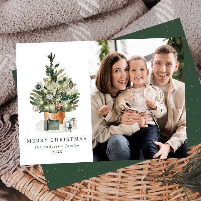 Elegant Watercolor Christmas Tree Photo Holiday Card (Creator Uploaded)