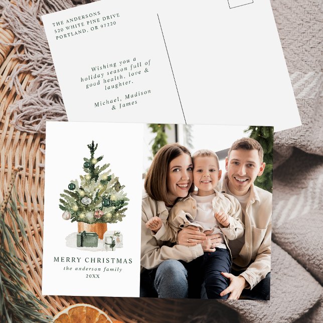 Elegant Watercolor Christmas Tree Photo Holiday Postcard (Creator Uploaded)