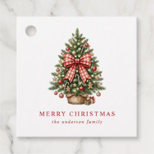 Elegant Watercolor Christmas Tree Red Gingham Bow Favour Tags