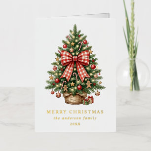 Elegant Watercolor Christmas Tree Red Gingham Bow Foil Holiday Card