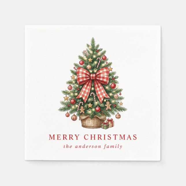 Elegant Watercolor Christmas Tree Red Gingham Bow Napkin (Front)