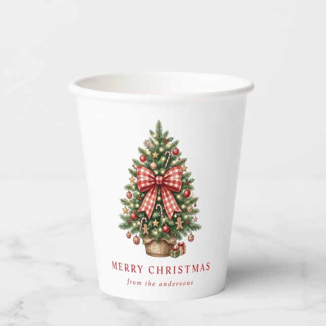 Elegant Watercolor Christmas Tree Red Gingham Bow Paper Cups (Front)