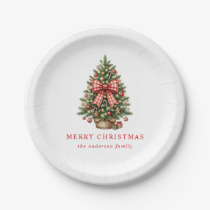 Elegant Watercolor Christmas Tree Red Gingham Bow Paper Plate