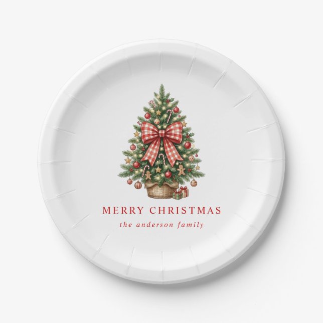 Elegant Watercolor Christmas Tree Red Gingham Bow Paper Plate (Front)