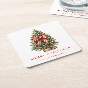 Elegant Watercolor Christmas Tree Red Gingham Bow Square Paper Coaster