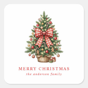Elegant Watercolor Christmas Tree Red Gingham Bow Square Sticker