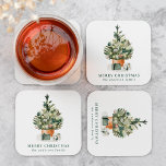 Elegant Watercolor Christmas Tree Square Paper Coaster<br><div class="desc">Elegant holiday paper coaster featuring a festive watercolor Christmas tree adorned with glass ornaments and surrounded by wrapped presents. Personalise the watercolor Christmas tree coasters with a custom greeting, your family name, or other custom text. The personalised holiday paper coasters are perfect to use for holiday parties, Christmas dinners, birthday...</div>
