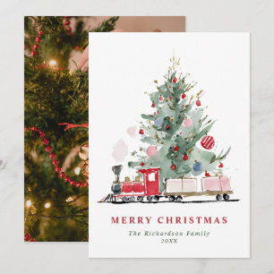 Elegant Watercolor Christmas Tree Train & Photo Holiday Card